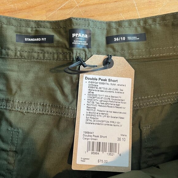 prAna Mens 36"W / 10"Length Standard Double Peak Hiking Short in Cargo Green - Picture 7 of 8